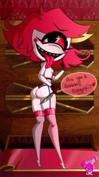 1_eye 1girls areolae areolae_slip armwear ass big_ass black_eyes breasts bunbunmuffinart english english_text female female_only full_body garter_straps gloves hair hazbin_hotel heart hips holding_object holding_weapon knife legwear lingerie looking_at_viewer naughty_face niffty nipples panties red_hair red_panties red_sclera red_thighhighs sharp_teeth shortstack small_breasts solo solo_female spoken_heart text thighhighs thighs tongue tongue_out weapon