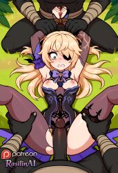 1girls ai_generated anthro assisted_rape blonde_hair blush bondage bound bound_arms bound_wrists breasts breasts_out captured captured_female clenched_teeth dark-skinned_male defeated defeated_female eyepatch female fischl_(genshin_impact) forced genshin_impact grass green_eyes hilichurls_(species) imminent_penetration imminent_rape imminent_sex imminent_vaginal male multiple_males nipples on_back on_floor pantyhose penis precum rape rasilinai restrained restrained_arms small_breasts spread_legs stable_diffusion tagme tearing_up thighhighs twintails wrist_grab
