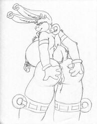 2018 anthro anus ass big_breasts big_butt bracelet breasts chest_tuft collar ear_piercing elbow_tufts female genital_piercing hand_on_butt huge_breasts inner_ear_fluff jewelry lagomorph looking_at_viewer looking_back mammal monochrome nipple_piercing nipples piercing portrait pussy pussy_piercing rabbit rear_view ring simple_background solo tail_ring thick_thighs three-quarter_portrait tongue tongue_out tongue_piercing tuft wolfkidd