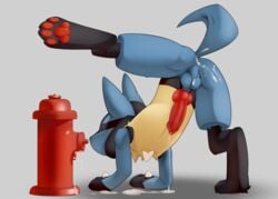 2018 all_fours anthro balls black_fur blue_balls blue_fur canine cum cum_in_ass cum_inside cum_leaking cum_on_balls cum_on_perineum erection fire_hydrant fur hydrant knot lucario male male_only mammal nintendo no_humans pawpads penis perineum pokemon pokemon_(species) raised_leg solo solo_male spikes steel_cat video_games yellow_fur