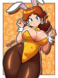 belly_button big_breasts blush blushing_at_viewer bowtie bowtie_collar breasts breasts_bigger_than_head bunny_ears bunny_girl bunnysuit cleavage cuffs fishnet_legwear fishnets hips hips_wider_than_shoulders hourglass_figure looking_at_viewer mario_(series) nyazuliart princess_daisy sideboob thick_thighs thighs underboob wide_hips