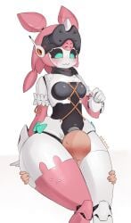 1boy 1girls angels_of_delusion aria_(zenless_zone_zero) aria_(zenless_zone_zero)_(robot_form) arm_garter ass black_sclera blue_eyes blush bow breasts clothed female_focus head_between_thighs highres hoyoverse massive_thighs medium_breasts mrs_pipipi pink_hair ponytail ponytails robot robot_girl small_breasts stocking thick_legs thick_thighs thighs thighs_bigger_than_head thighs_focus two-tone_body two-tone_hair zenless_zone_zero