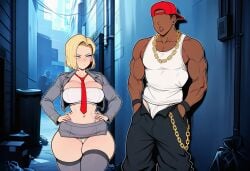 1boy 1girls ai ai_assisted ai_generated alleyway android_18 big_breasts blonde_female blonde_hair blue_eyes cap curvy curvy_figure dark-skinned_male dark_skin dragon_ball gangster golden_chain jacket prostitute prostitution prussia123 sagging_pants sexy sexy_body shirt short_hair skimpy_clothes skirt stockings thick thick_thighs tie tubetop