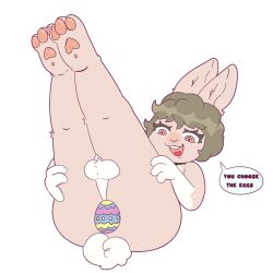 anthro backsack balls easter easter_egg egg eyelashes genitals hi_res holidays lagomorph leporid lying male mammal pepe plug_in_ass rabbit smiley_face solo turib4