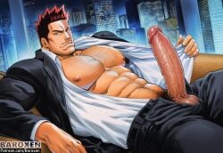 1boy abs ai_generated arms_crossed balls baroxen beard_stubble biceps big_balls big_penis boku_no_hero_academia daddy dilf endeavor_(my_hero_academia) enji_todoroki frown frowning_at_viewer looking_at_viewer looking_down looking_down_at_viewer low-angle_view male male_only male_pubic_hair masculine_male mature_male muscular muscular_male my_hero_academia nude pecs penis pov pov_eye_contact pubic_hair red_hair scar serious solo solo_male standing_over_viewer wet