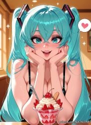 2026 ai_generated anime aqua_eyes aqua_hair bangs bare_shoulders breasts cherry cleavage collarbone crossover eye_contact eyelashes female female_focus female_only food fruit hair_between_eyes hatsune_miku head_rest heart heart_in_eye highres huge_breasts ice_cream indoors inside large_breasts lips long_hair looking_at_viewer moaning nsfw open_mouth parfait patreon pov_across_table rognezart smile smiling solo spoken_heart spoon strawberry symbol-shaped_pupils symbol_in_eye teeth twintails upper_body very_long_hair vocaloid