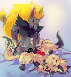 anal anal_penetration animal_genitalia animal_penis bed_sheet bedding bedroom canid canid_demon canine_genitalia canine_penis demon fur generation_1_pokemon generation_5_pokemon genitals grey_body grey_fur hi_res knot knotted_penis male male/male mammal ninetales nintendo penetration penile penile_penetration penis penis_in_ass plap_(sound) pokemon pokemon_(species) sex yellow_body yellow_fur zanthu zoroark
