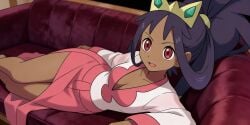 ai_generated brown_skin cleavage crown deep_cleavage dress female female_only hair_tie happy iris_(pokemon) legs lying_down lying_on_couch open_mouth plunging_neckline pokemon pokemon_champion solo