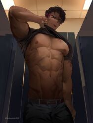 1boy :p bathroom body_scars bow_tie bowtie gay hd j_(reverse:1999) joe_brown lifted_shirt long_body male male_only muscular muscular_male no_sex pants public_bathroom reverse:1999 salmoon303 scar scar_on_face solo solo_focus solo_male tease teasing teasing_viewer tshirt yaoi