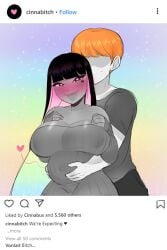 <3 1boy 1girls 2021 bangs big_breasts black_eyes black_hair blunt_bangs blush cinnabus eyeless_male female heart-shaped_pupils heart_tattoo heavy_blush instagram large_breasts long_hair looking_at_viewer male multicolored_hair orange_hair pregnant rainbow_hair smiling smiling_at_viewer sona_(cinnabus) tattoo_under_eye