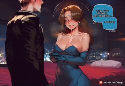1boy 1girls abs ai_generated aroused aroused_face athletic athletic_female bedroom big_ass big_breasts big_butt big_thighs blonde_blazer blue_dress blush breasts breath caption comic comic_page comics couple couple_(romantic) couple_love curvy curvy_body curvy_female curvy_figure cute cute_face dispatch_(game) dress earrings english english_text female gloves happy hoorpy hourglass_figure jewelry laugh laughing luxury make_up makeup open_mouth patreon patreon_logo patreon_username petite petite_body petite_breasts petite_female robert_robertson sexy sexy_body sexy_pose smile story sweat sweatdrop sweating sweaty text thick_thighs thighs voluptuous voluptuous_female