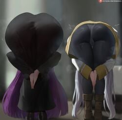 2girls amen_pose_(meme) ass bent_over fern_(sousou_no_frieren) frieren from_behind huge_ass long_hair meme multiple_girls oroborus oroborusart palms_together panties panties_under_pantyhose pantyhose praise_da_booty_(meme) purple_hair sousou_no_frieren standing twintails underwear white_hair white_panties