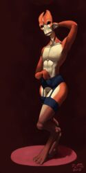 2018 absurd_res alien clothing digital_media_(artwork) female flyttic_(artist) hi_res humanoid legwear lingerie looking_at_viewer mass_effect pussy salarian simple_background solo stockings video_games