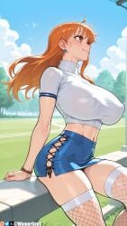 ahoge ai_generated arm_support artist_name bangs bird blue_skirt blue_sky blush bracelet breasts brown_eyes closed_mouth cloud cloudy_sky covered_nipples crop_top cropped_shirt day earrings female female_only fishnet_thighhighs fishnets floating_hair from_side grass high-waist_skirt huge_breasts impossible_clothes jewelry large_breasts long_hair looking_afar looking_up midriff miniskirt nami nami_(one_piece) narrow_waist navel one_piece orange_eyes orange_hair outdoors patreon patreon_logo patreon_username profile shirt short_sleeves side_slit sitting skindentation skirt sky smile solo stud_earrings taut_clothes taut_shirt thick_thighs thighhighs thighs tight tree turtleneck watch watermark web_address white_shirt white_thighhighs wienergens wind zettai_ryouiki