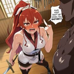 1boy 1girls ai_generated angry athletic_body bbc big_black_cock black_boots black_man blush dark_skin english_text eris_boreas_greyrat eris_greyrat female interracial male middle_finger mushoku_tensei ponytail red_hair short_skirt shouting small_breasts speech_bubble sword text tsundere white_outfit white_ribbon