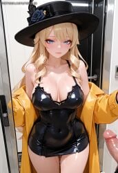 1boy ai_generated bangs bare_shoulders black_bra black_dress black_flower black_headwear black_rose blonde_hair blonde_hair_long_and_wavy blue_eyes blush bra breasts cleavage closed_mouth coat collarbone covered_navel cowboy_shot dress drill_hair earrings erection fashionable_yellow_coat_and_hat_with_shorts female flower genshin_impact hat hat_flower jewelry large_breasts long_hair long_sleeves looking_at_viewer microdress navia_(genshin_impact) off_shoulder open_clothes open_coat penis pussy_juice rose shiny shiny_skin short_dress sleeveless_dress smile solo_focus straight sweat thigh_gap thighs uncensored underwear veins