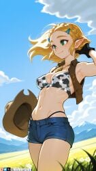 adjusting_hair ai_generated alternate_costume animal_print arm_up armpits artist_name bangs bare_shoulders bikini bikini_top_only bikini_under_clothes black_gloves blonde_hair blue_shorts blue_sky blush braid breasts brown_headwear brown_vest cleavage closed_mouth cloud cloudy_sky collarbone covered_nipples cow_print crop_top crown_braid cutoffs day denim denim_shorts female female_only field fingerless_gloves flower flower_field gloves grass green_eyes hair_ornament hairclip hand_in_own_hair hat hat_removed headwear_removed highleg highleg_bikini highleg_panties holding jewelry long_hair medium_breasts micro_shorts midriff mountain mountainous_horizon navel necklace nintendo open_clothes open_vest outdoors panties parted_bangs patreon patreon_username pointy_ears princess_zelda print_bikini short_hair short_shorts shorts skindentation sky smile solo standing stomach string_bikini swimsuit the_legend_of_zelda thick_eyebrows thighs toned triforce underwear vest watermark web_address white_flower wienergens wind zelda_(breath_of_the_wild) zelda_(tears_of_the_kingdom)
