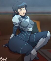 1girls 2026 2d 2d_(artwork) armor armored_female artist_logo ass bedroom_eyes big_ass big_butt black_hair blue_eyes bodysuit butt digital_drawing_(artwork) digital_media_(artwork) fat_ass female female_focus female_only image_comics invincible invincible_(tv_series) looking_at_viewer navel seductive seductive_look semidraws signature solo_female solo_focus tech_jacket tech_jacket_(zoe_thompson) text thick_thighs tight_clothing wide_hips