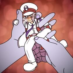 1boy ambiguous_gender big_hands blushing blushing_male cartoon cartoony clothed conductor consent crotch_rub defiant_sub emmet_(pokemon) extreme_size_difference fingers fondling giant hands heart-shaped_pupils larger_ambiguous macro macro_on_micro male male_focus micro micro_on_macro miniboy nintendo orgasm_denial pokemon restrained size_difference smaller_male subway_boss subway_master teasing teasing_penis textless_version tie toony trapped uniform wobbly_mouth