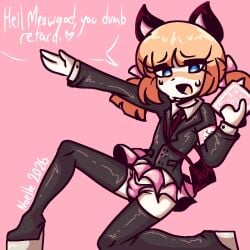 1boy arm_up armband aryan bag balls_in_panties bible_(object) black_cat_ears blonde_hair blue_eyes blunt_bangs book boots bows bulge bulge_through_clothing bulge_through_underwear cat_ears catboy cute dialogue dictator english_text eyebrows_visible_through_hair eyelashes femboy femboy_only follow_my_tumblr_please_thanks fully_clothed girly girly_boy girly_clothing hairbow high_heel_boots holding_book holding_object humanoid kemonomimi kneeling light-skinned_femboy light-skinned_male light_skin magearna64 male male_only meowbahh meowbahh_(mcyt) meowble meowism meowist military_uniform nazi nazi_armband nazi_uniform nekomimi otoko_no_ko pantyshot platform_heels presenting ragebait raku_sarvin religious religious_themes salute saluting self_upload short_hair signature skinny skirt slur solo solo_femboy solo_male swastika thigh_boots thighhigh_boots thin_thighs twintails uniform