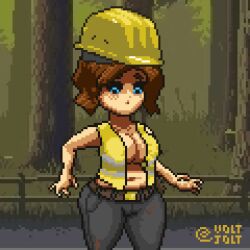 1boy 1girl 1girls 2d 2d_animation animated animation big_breasts blue_pupils clothes_swap construction_worker dark_sclera dazw dead_ahead hard_hat hazmat_suit lilly_(voltjolt) montage music no_penetration no_sex pixel_animation pixel_art pixelated police_uniform short_hair tagme torn_clothes torn_clothing torn_legwear torn_pants video voltjolt wide_hips willy_(dead_ahead)
