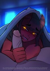 1boy 1demon 1girls animated bedroom bedroom_setting biting_lip black_hair breasts breasts_against_legs demon demon_girl demon_horns erection handjob horn illuxxxtrandy meru_(merunyaa) meruccubus_(merunyaa) nude nude_female nude_male penis penis_awe pointy_ears red_skin stroking_cock stroking_dick stroking_penis succubus succubus_horns trembling trembling_legs under_sheets under_the_covers wanting_cum windows yellow_eyes