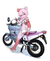 back_view bra chikuwa_fan973 female girl gloves high_heel_boots jacket miniskirt motorcycle original original_character pink_body pink_eyes pink_hair race_queen racing_uniform short_hair slim slime_girl