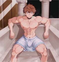 1boy abs ai_generated alternate_muscle_size bara biceps black_choker broad_shoulders brown_hair choker closed_mouth collarbone column covered_penis earrings feet_out_of_frame flaccid indoors jewelry kanojo_okarishimasu kinoshita_kazuya large_pectorals looking_at_viewer male_focus male_pubic_hair muscular muscular_male navel nipples pectorals pillar pixai pubic_hair purple_eyes short_hair sitting smile solo thick_thighs thighs topless_male towel water