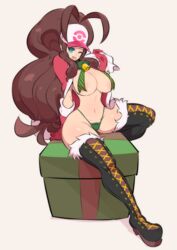 1girls absurd_res alternate_breast_size bare_shoulders blue_eyes blush boots box bracelet breasts brown_hair christmas christmas_outfit cleavage curvaceous curves curvy_female curvy_figure female female_only female_solo gift gift_box hat hi_res hilda_(pokemon) holding_bag huge_breasts human jewelry large_breasts long_hair looking_at_viewer nac000 nintendo panties pokemon pokemon_bw santa_costume simple_background solo solo_female thick_thighs thigh_boots thighhighs thighs visor_cap voluptuous