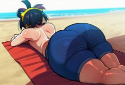 1boy 2d ai_generated ass_focus back beach big_ass black_hair blue_pants blue_shorts cellulite fat_ass femboy full_body hi_res hibiki120 huge_ass kieran_(pokemon) light-skinned_female male male_focus male_only multicolored_hair on_belly on_floor on_stomach pants pokemon pokemon_sv purple_hair resting round_ass shirtless shirtless_male short_hair shorts solo sunbathing sweat sweaty_body swimsuit thick_thighs thight_clothing tied_hair towel wide_hips