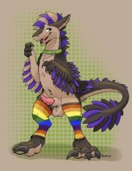 aaron_pictus animal_genitalia anthro balls becoming_erect brown_body brown_fur cheddarbyte claws clothing collar dinosaur dromaeosaurid ear_piercing feather_hair feathers feral fluffy fluffy_tail fur genitals green_eyes hi_res hybrid legwear looking_at_viewer male mohawk multicolored_body multicolored_clothing multicolored_fur multicolored_legwear multicolored_stockings penis piercing prehistoric_species pseudo_hair purple_body purple_fur rainbow_clothing rainbow_legwear rainbow_stockings reptile saurischian scalie sergal sheath solo standing stockings tail tapering_penis teeth_showing theropod tongue
