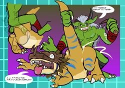 3_toes 5_toes abs absurd_res anthro armor bandai_namco bodily_fluids bodypaint broken_horn canon_x_oc cosplay cum cum_inside dark_eyelids digimon digimon_(species) digimon_adventure: digitigrade duo ear_piercing fangs fangs_bared feet feral foot_on_head genital_fluids genitals greymon gums_showing headgear helmet hi_res horn humor inflation internal internal_anal kinkykeroro male male/male misunderstanding muscular muscular_male nipples nubbed_penis ogremon penis piercing pinned_by_foot plantigrade questionable_consent ralph_(irongut) ribbed_penis slightly_chubby spikes tail tail_pull teeth toes tongue tongue_out