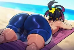 1boy 2d ai_generated ass_focus back balls balls_bulge balls_visible_through_clothing beach big_ass black_hair blue_pants blue_shorts bulge bulge_through_clothing bulge_under_clothes cellulite cock cock_bulge fat_ass femboy full_body hi_res hibiki120 huge_ass kieran_(pokemon) light-skinned_female male male_focus male_only multicolored_hair on_belly on_floor on_stomach pants penis penis_bulge penis_visible_through_clothing penis_visible_through_pants pokemon pokemon_sv purple_hair resting round_ass shirtless shirtless_male short_hair shorts solo sunbathing sweat sweaty_body swimsuit thick_thighs thight_clothing tied_hair towel wide_hips