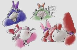 absurd_res anthro belly berifakku big_belly big_breasts birdo birdo_(character) blue_body bodily_fluids bow_ribbon breasts clitoris cum cum_inside dark_nipples dildo dildo_in_vagina dildo_insertion female free_use genital_fluids genitals green_body group hi_res inflation kiss_mark lying male male/female mario_bros nintendo nipple_piercing nipples on_side overweight overweight_anthro overweight_female penetration penile penile_penetration penis penis_in_vagina piercing pink_body plump_labia pussy_tape red_body sagging_breasts sex_toy sex_toy_in_vagina sex_toy_insertion spread_legs spreading tape thick_thighs vaginal_penetration vulva