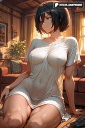 1girls 2025 ai_assisted ai_generated anime animeprds25 arm_support artist_name black_hair breasts closed_mouth collarbone controller couch covered_navel covered_nipples curtains hair_between_eyes hi_res high_quality high_resolution highres indoors large_breasts mikasa_ackerman on_couch patreon patreon_logo patreon_username remote_control see-through shirt short_hair short_sleeves sitting solo stable_diffusion t-shirt thick_thighs watermark white_shirt window