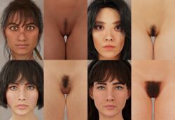 3d 4girls anatomy_reference artistic_nude asian_female blue_eyes brown_eyes clair_obscur:_expedition_33 clea_(clair_obscur:_expedition_33) close-up face_closeup face_tattoo female female_only french_female hairy_pussy labia landing_strip light-skinned_female lune_(clair_obscur:_expedition_33) neutral_expression pubic_hair pussy pussy_chart pussy_close-up pussy_comparison sciel_(clair_obscur_expedition_33) sophie_(clair_obscur:_expedition_33) studio trimmed_pubic_hair