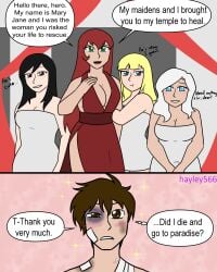 1boy 4girls alternate_universe asian asian_female bandages black_cat_(marvel) black_eyes black_hair black_hair_female blonde_female blonde_hair blonde_hair_female blue_eyes blush blushing brown_eyes brown_hair bruise cindy_moon cleavage cleavage_cutout cleavage_dress clinging commission commission_art commissioner_upload dialogue dialogue_bubble dress felicia_hardy freckles freckles_on_face goddess goddess_of_love greek_mythology green_eyes green_eyes_female gwen_stacy handmaiden harem hayley566 hero jealous jealous_female marvel marvel_comics mary_jane_watson peter_parker red_hair red_hair_female redhead redhead_female servant servants silk_(marvel) spider-man spider-man_(series) thought_bubble watermark white_hair white_hair_female word_balloon