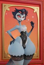 1boy 2d 3d 3d_(artwork) ai_generated avian avian_humanoid black_feathers black_hair bulge bulge_through_clothing chest_tuft child_bearing_hips femboy_dilf gay grey_feathers hand_on_hip helluva_boss lace lingerie loving red_background red_eyes short_hair smile stolas_(helluva_boss) thick_thighs vivienne_medrano white_face wide_hips
