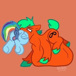 2026 absurd_res anatomically_correct anatomically_correct_genitalia clitoral_winking clitoris cutie_mark dock_(anatomy) duo earth_pony equid equine female feral fetlocks friendship_is_magic genitals hair hasbro hi_res horse kais_studios kicking_legs kp_(kais_studios) looking_down male male_pred mammal multicolored_hair my_little_pony mythological_creature mythological_equine mythology open_mouth oral_vore pegasus pony rainbow_dash_(mlp) tail vore wings