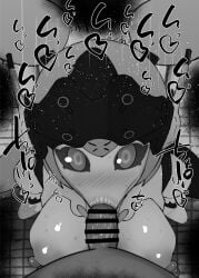 1boy 1girls :>= angels_of_delusion aria_(zenless_zone_zero) aria_(zenless_zone_zero)_(robot_form) bare_shoulders big_breasts big_penis black_and_white blush breasts censored dark-skinned_male dark_skin detailed_background drooling erect_nipples eyelashes fellatio female heart hoyoverse humanoid indoor inside interracial kurotama looking_at_viewer male male_pov oral oral_sex penis ponytail robot robot_girl room saliva shiny shiny_skin short_hair sketch sound_effects squatting sweat text tied_hair vein veins veiny veiny_penis zenless_zone_zero
