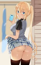 ass big_ass big_butt blend_s blonde_hair blue_eyes breasts cleavage dat_ass female female_only hinata_kaho looking_at_viewer looking_back noripachi panties selfie skirt skirt_lift solo thong upskirt