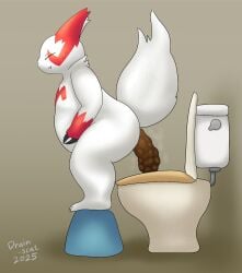 ambiguous_gender anthro ass big_butt bodily_fluids closed_eyes crouching drain_scat feces feces_in_ass fur generation_3_pokemon hi_res multicolored_body nintendo pokemon pokemon_(species) pooping_in_toilet red_body red_eyes red_fur scat simple_background solo sweat toilet toilet_use two_tone_body white_body white_fur zangoose