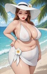 ai_assisted ai_generated armpit_crease beach belly_button belly_fat bikini black_outline bracelet brown_hair chubby_female cleavage eyelashes female flower_accessory flower_in_hat flower_ornament grok hair_over_shoulder half-closed_eyes hand_on_hip inner_sideboob large_breasts light-skinned_female lipstick long_hair loose_hair midriff milf mommy nipple_outline ocean ocean_background one_hand_on_hip palm_leaf pink_eyes rgomez007 sagging_breasts sarong seductive_look self_upload sideboob skindentation smiling_at_viewer solo_female stable_diffusion standing sun_hat sunhat thick_eyelashes thick_lips thick_thighs tropical voluptuous wide_hips