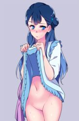 blue_eyes blue_hair blush clothing dress dress_lift female hair_bun hugtto!_precure lifted_by_self long_hair looking_to_the_side navel negom no_panties precure pretty_cure purple_background pussy simple_background solo uncensored yakushiji_saaya