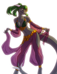 2017 anthro anthro_only bottomless breasts brindle claws clothed clothing dancing dragon female green_eyes green_hair grey_skin hair harem_outfit horn pussy scalie silk simple_background smile solo standing virdi_(elberik) wristband