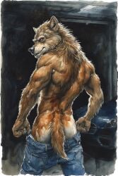 adam360 ai_generated anthro ass bum canid canine canis coveralls furry garage male male_only mooning werewolf wolf