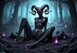 1girls ai_generated black_body black_skin clothed commission dark-skinned_female dark_background dark_skin darkeffect demon demon_girl demon_horns detailed female female_focus female_only forest glowing_eyes looking_at_viewer monster monster_girl nightmare_waifu on_floor petite petite_body petite_female pink_eyes solo solo_female solo_focus