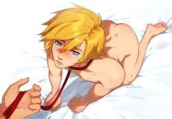 1boy blonde_hair blue_eyes blush blushing commission disembodied_hand ezreal face_markings hands_and_knees hlepopechka league_of_legends leash leash_and_collar looking_at_viewer looking_up male male_only nipples nude_male on_bed on_hands_and_knees on_knees twink watermark