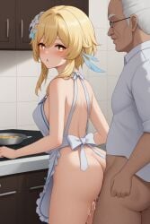 1boy 1girls adamegidor age_difference ai_generated apron apron_only blonde_hair cum cum_inside female genshin_impact heart-shaped_pupils kitchen lumine_(genshin_impact) male nude old_male older_male older_male_and_younger_female sex sex_from_behind younger_female