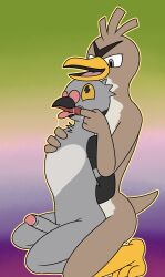 aaron_amethyst abstract_background absurd_res anthro bodily_fluids dominant dripping drooling duo erection farfetch'd finger_in_mouth generation_1_pokemon generation_5_pokemon genital_fluids genitals hands_behind_back hi_res male male/male nintendo open_mouth penis pidove pokemon pokemon_(species) precum precum_drip saliva smile tongue yellow_sclera